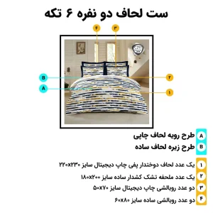اینفوگرافی اجزای ست لحاف دونفره اسپیر C297 (۶ تکه) شامل لحاف، ملحفه کش‌دار و روبالشی‌ها همراه با ابعاد