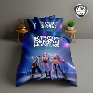 روتختی تک نفره اسپیر C186 طرح KPOP Demon Hunters چهار تکه با لحاف آبی تیره، چاپ شخصیت‌ها و روبالشی ست