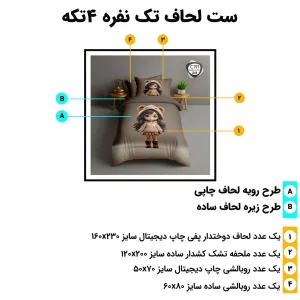مشخصات روتختی تک نفره اسپیر C191 شامل لحاف 160x230، ملحفه کش‌دار 120x200 و دو روبالشی