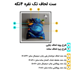 مشخصات ست لحاف تک نفره اسپیر C197 چهار تکه شامل لحاف چاپی، ملحفه کش دار ساده و دو روبالشی با ابعاد استاندارد