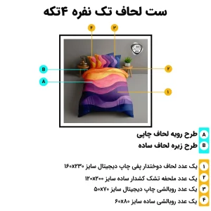مشخصات ست لحاف تک نفره اسپیر C300 شامل لحاف 160x230، ملحفه کش‌دار 120x200، روبالشی آکسفورد 60x80 و روبالشی چاپی 50x70