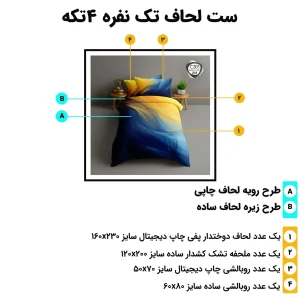 مشخصات ست لحاف تک نفره اسپیر C301 شامل لحاف 160x230، ملحفه کش‌دار 120x200، روبالشی آکسفورد 60x80 و روبالشی چاپی 50x70