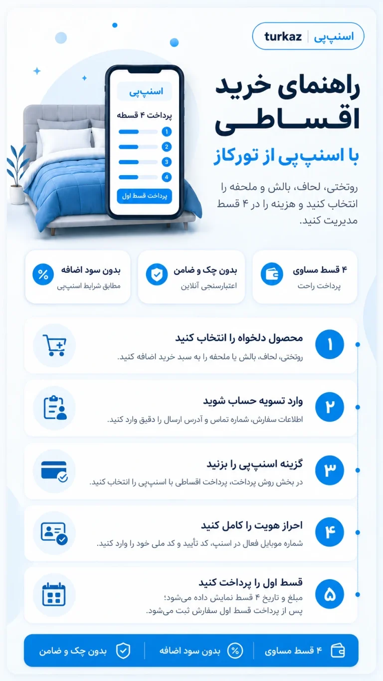 راهنمای خرید اقساطی کالای خواب با اسنپ‌پی از فروشگاه تورکاز؛ پرداخت در چهار قسط بدون چک و ضامن.
